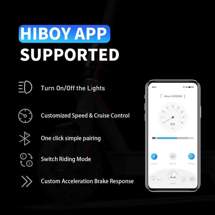 HIBOY APP supported features with smartphone app interface on a dark background