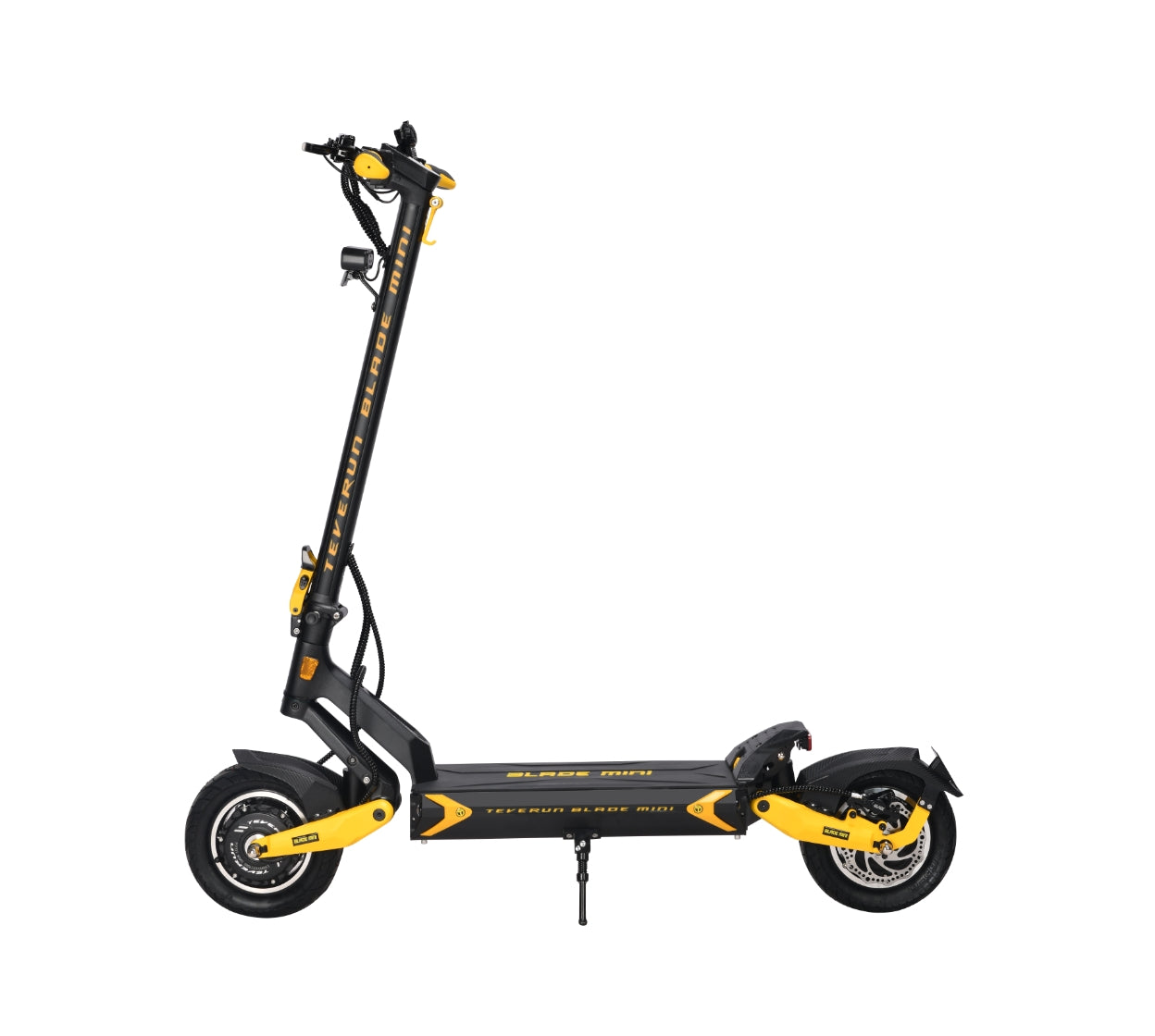 Teverun Blade Mini Ultra electric scooter with dual motor, hydraulic brakes, and dual spring suspension in black and yellow design