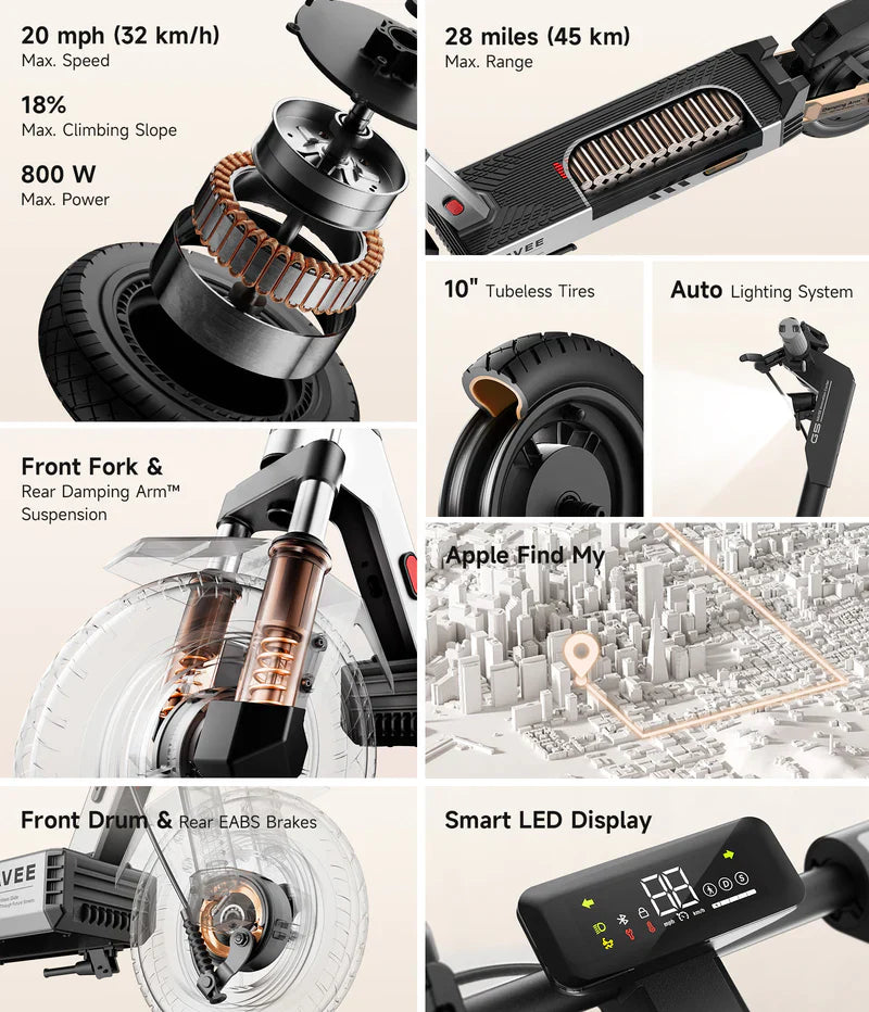 NAVEE G5 Electric Scooter with 800W motor, 20 MPH top speed, 28-mile range, TCS anti-slip control, and Apple Bluetooth tracking.