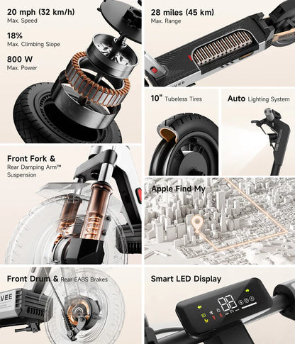 NAVEE G5 Electric Scooter with 800W motor, 20 MPH top speed, 28-mile range, TCS anti-slip control, and Apple Bluetooth tracking.