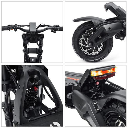 Close-up details of a black electric bike including handlebars, wheel, suspension fork, and rear light.
