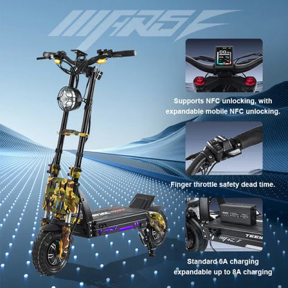 Electric scooter with features highlighted on a blue background