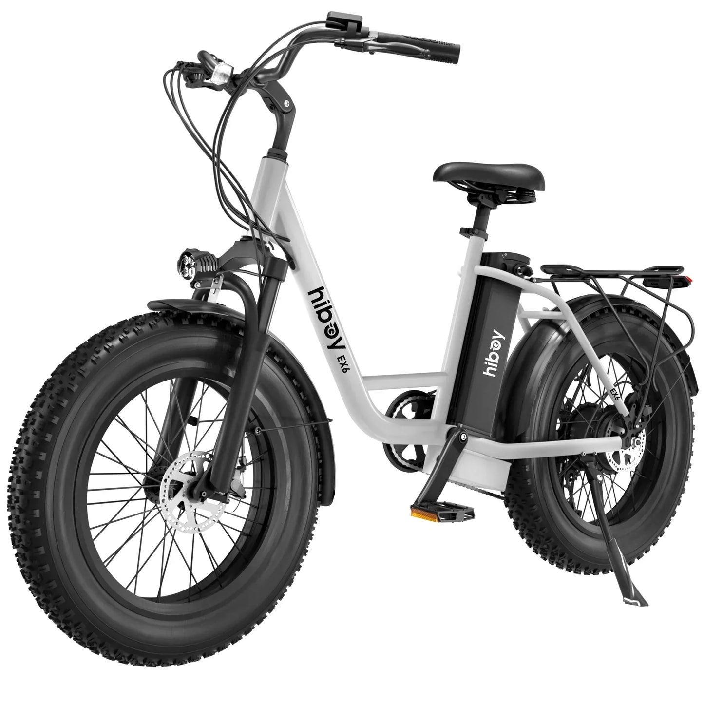 Hiboy EX6 electric bike with step-through frame, 500W motor, 25 MPH top speed, and Shimano 7-speed transmission