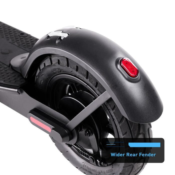 Close-up of a scooter with a wider rear fender on a white background