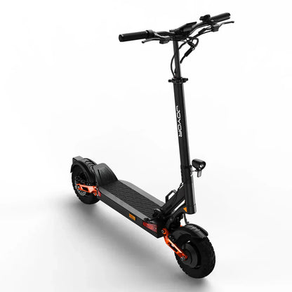 Black electric scooter with orange accents on a white background