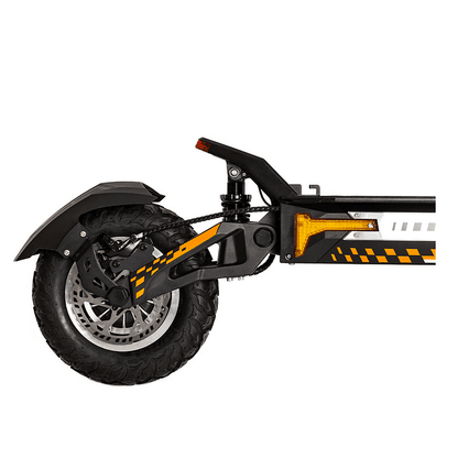Close-up of a black and orange electric scooter on a white background