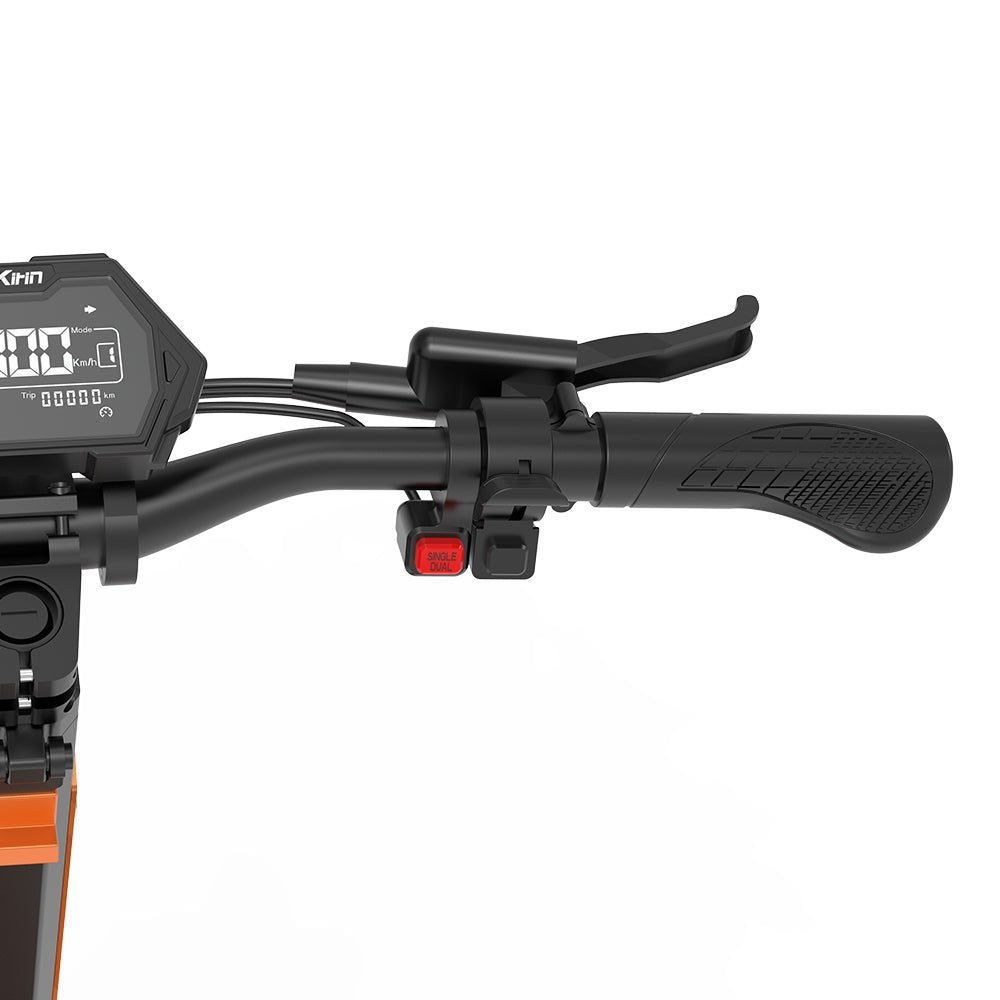 Close-up of an electric scooter handlebar with control buttons on a white background