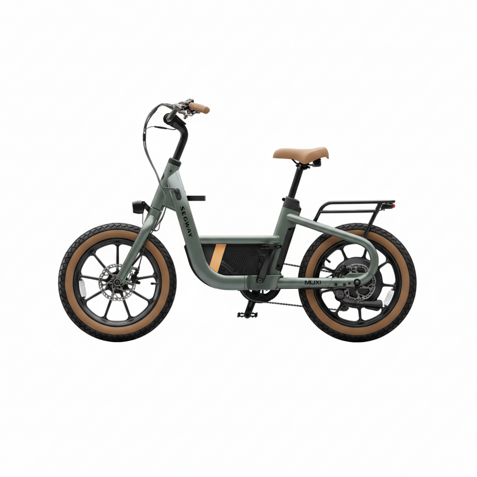 Green electric bike with brown tires on a white background