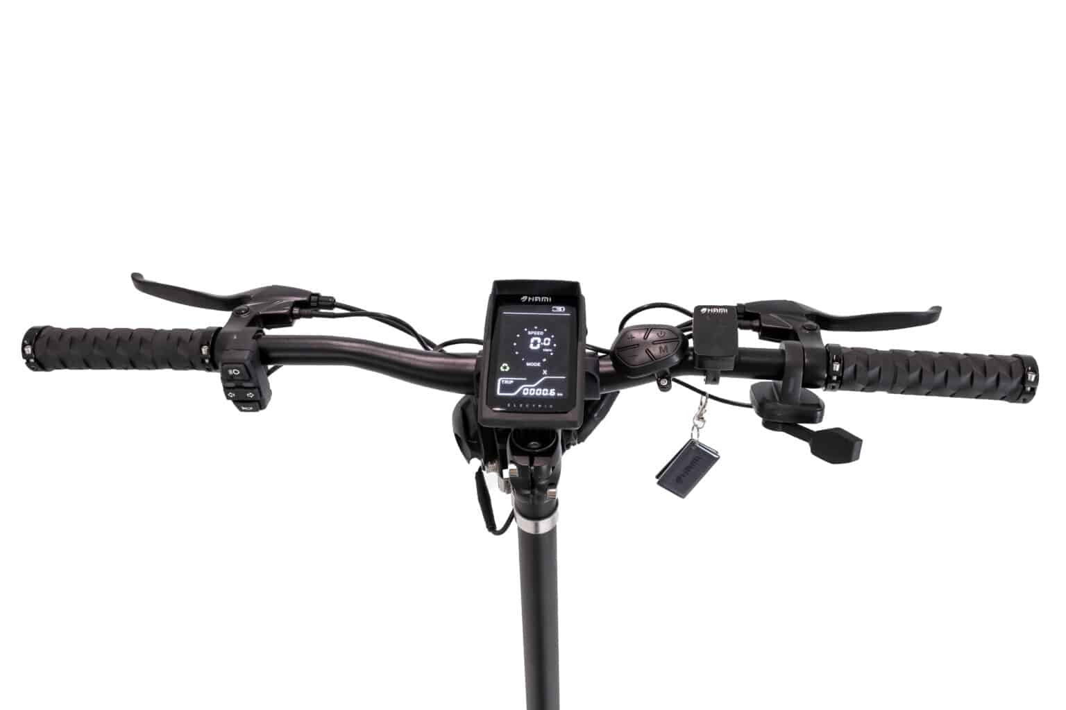 Scooter handlebar with control panel on a white background