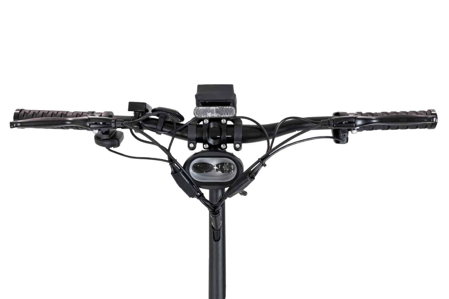 Scooter handlebar with electronic components on a white background