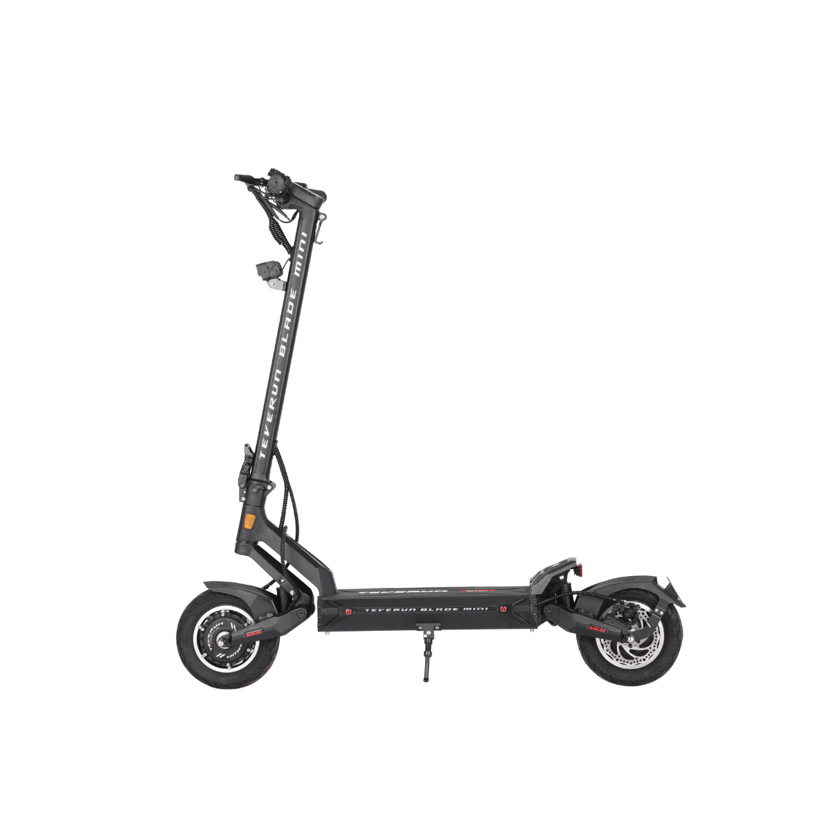 Teverun Blade Mini Pro electric scooter in black and yellow with dual 800W motors, 31 mph speed, 95 km range, and dual disc brakes