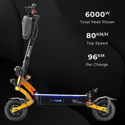 YUME electric scooter with specifications on a dark background