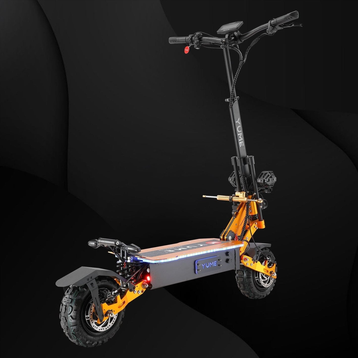 Yellow and black electric scooter on a dark background