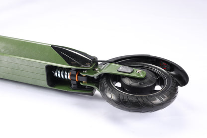 Close-up of a green scooter with a black wheel on a white background
