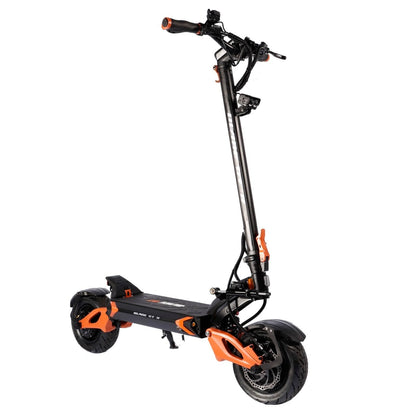 Teverun Blade GT II electric scooter highlighting hydraulic brakes, adjustable suspension, TFT display, and puncture-free tires