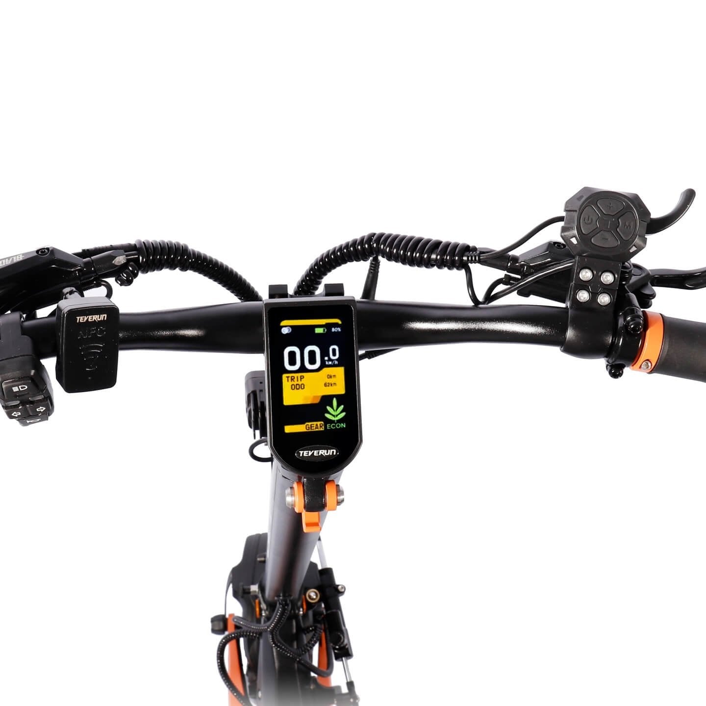 Teverun Blade GT II electric scooter showcasing hydraulic braking, adjustable suspension, smart app control, TFT display, and durable design features