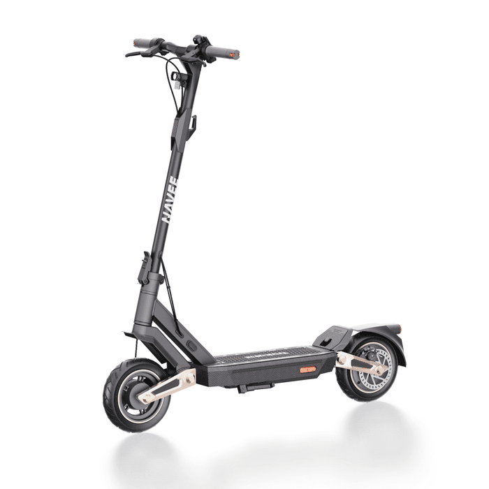 Navee ST3 Pro electric scooter with 600W motor, long-range battery, patented suspension, 10-inch tires, and safety features.