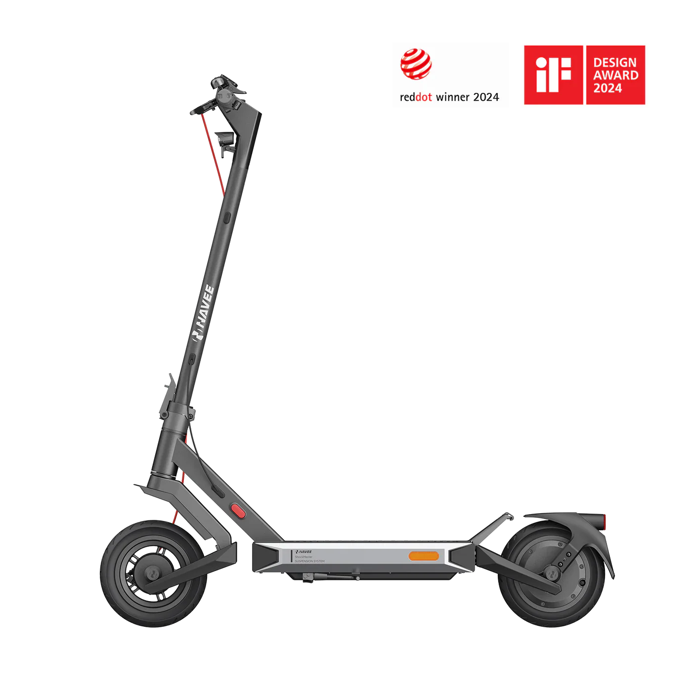 Gray electric scooter with design awards on a white background