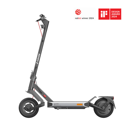 Gray electric scooter with design awards on a white background