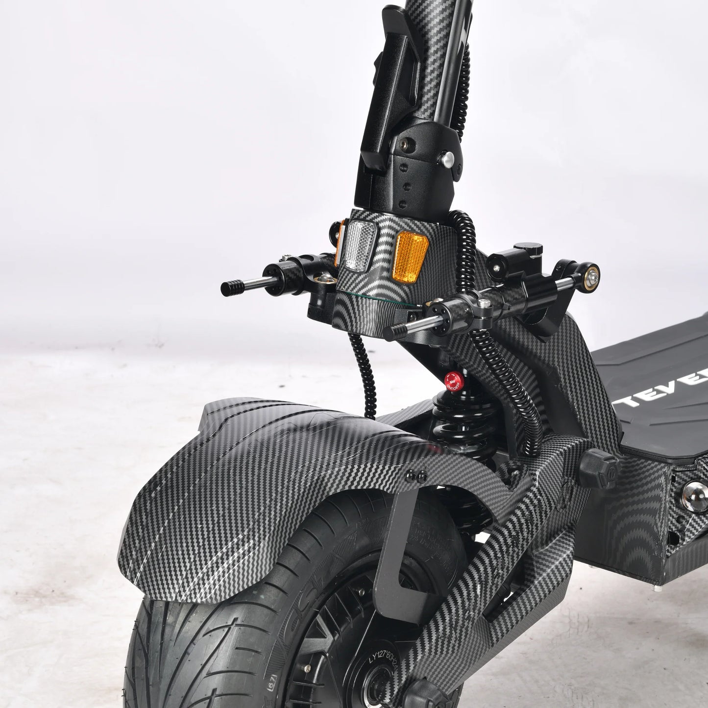 Teverun Fighter Supreme 7260R electric scooter with 15,000W power, 72V 60Ah battery, dual steering dampers, hydraulic brakes, and adjustable suspension for mixed terrain riding