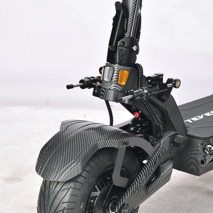 Teverun Fighter Supreme 7260R electric scooter with 15,000W power, 72V 60Ah battery, dual steering dampers, hydraulic brakes, and adjustable suspension for mixed terrain riding